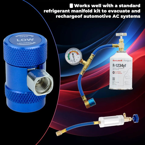 R1234yf Quick Coupler Adapter Kit with high and low pressure fittings for easy evacuation and recharging of automotive AC systems