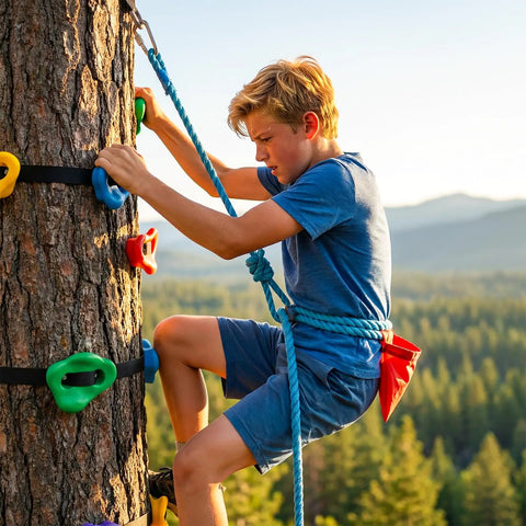 Child climbing a tree with safety rope and harness in a forest setting during daylight, wearing blue outfit, with mountains in background
