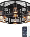 21 Inch Caged Ceiling Fan With Light, Flush Mount, Remote Control, showing black metal cage design with E26 bulb sockets.