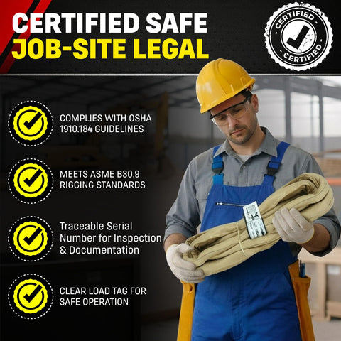 Worker holding Endless Round Lifting Sling 12 Foot Polyester USA Made With 10600 Lb Vertical 8500 Lb Choker And 21200 Lb Basket Rating Double Ply Cover Tan Rigging Sling For Heavy Lifts