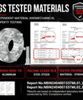 SGS tested materials for Built Tough 5MM Wheel Spacers For Nissan 350Z And Infiniti G37 showing forged aluminum and steel properties.