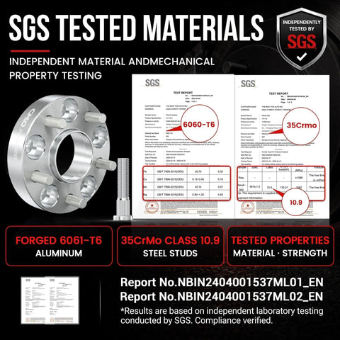 SGS tested materials for Built Tough 5MM Wheel Spacers For Nissan 350Z And Infiniti G37 showing forged aluminum and steel properties.