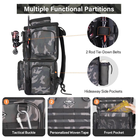 All In One Fishing Tackle Backpack With Integrated Cooler Bag 53L Waterproof Gear Backpack With 2 Rod Holders