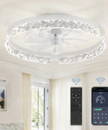 Twenty Inch Low Profile Ceiling Fan With Bright Light Kit Using Super Chill App Remote To Bring You Sweet Crisp Breezes Every Single Day Featuring Six Speeds Reversible Motor And Tunable Lighting Anywhere mounted in a modern room with remote control and app displayed.