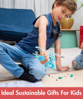 Boy assembling AirBit Build Your Own Airplane STEM Kit For Creative Kids And Curious Adults on carpet, blue airplane model