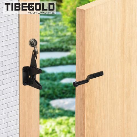 Self Locking Gate Latch With Spring Cable Pull For Outdoor Gates Black Gravity Lever Door Latch Built Tough For Wooden Fence Gates Auto Lock Gate Hardware For Pool Garden Shed 1 Pack installed on wooden gate.