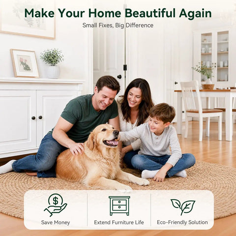 Family enjoying time with a golden retriever on a rug, highlighting home comfort and aesthetics with Slick White Wood Filler Sticks 4 Pack Putty for Furniture and Floor Repair Ninja Quick Fix Scratches Patches Kit 4 Shades to Match Home Decor Styles Perfect for Farmhouse Modern and Classic Finishes Hella Easy No Drama Badass Durability.