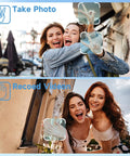 Two women posing in urban settings with gesture-controlled photo and video features highlighted.