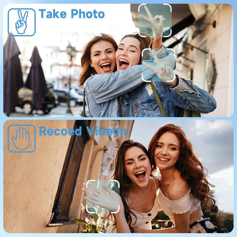 Two women posing in urban settings with gesture-controlled photo and video features highlighted.