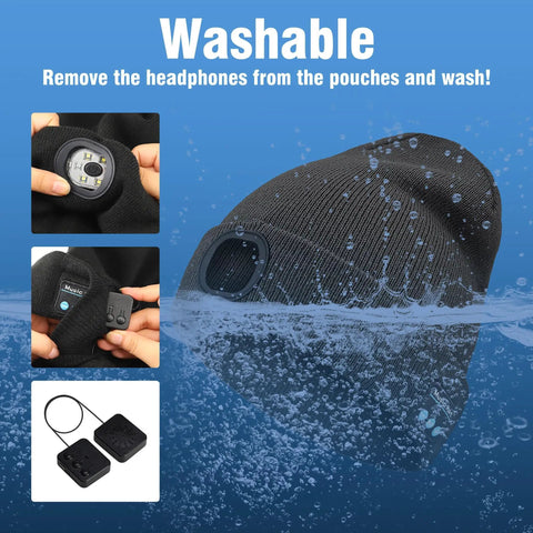 Bluetooth Beanie With Light Built-In 4 LED Headlamp Hat USB Rechargeable floating in water, detachable components