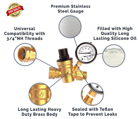 Heavy Duty Lead Free Brass RV Water Pressure Regulator With Oil Filled Gauge, Adjustable Valve For Camper features
