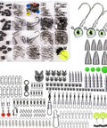 600 Piece Tackle Box Fishing Kit with hooks, jig heads, sinkers, swivels, snaps, soft plastics in assorted compartments.
