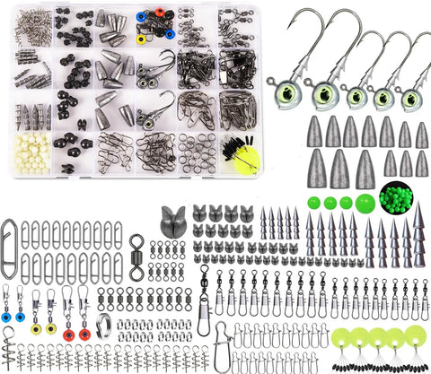 600 Piece Tackle Box Fishing Kit with hooks, jig heads, sinkers, swivels, snaps, soft plastics in assorted compartments.