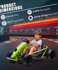 Child riding Kids 24V Electric Go Kart With Dual 300W Motors, 9Ah Battery, 8 MPH Rad Drift Power, on a racetrack