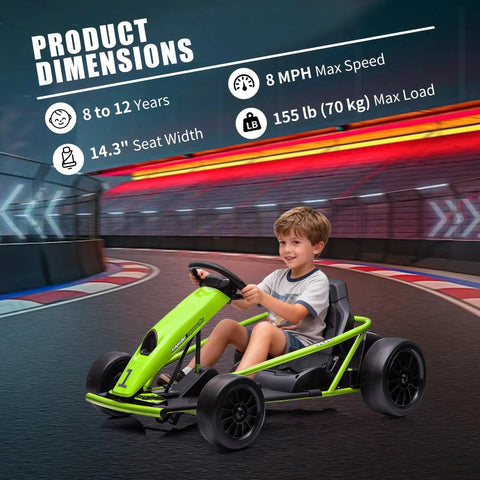 Child riding Kids 24V Electric Go Kart With Dual 300W Motors, 9Ah Battery, 8 MPH Rad Drift Power, on a racetrack
