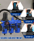 Three Eighths Inch NPT All In One Heavy Duty Compressed Air Filter Regulator Lubricator Combo Water And Oil Trap Separator With Pressure Gauge Brass Filter And Coalescing Filter Semi Auto Drain Metal Bracket Blue installed with step-by-step pressure adjustment instructions