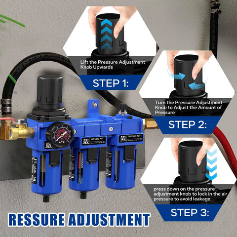 Three Eighths Inch NPT All In One Heavy Duty Compressed Air Filter Regulator Lubricator Combo Water And Oil Trap Separator With Pressure Gauge Brass Filter And Coalescing Filter Semi Auto Drain Metal Bracket Blue installed with step-by-step pressure adjustment instructions