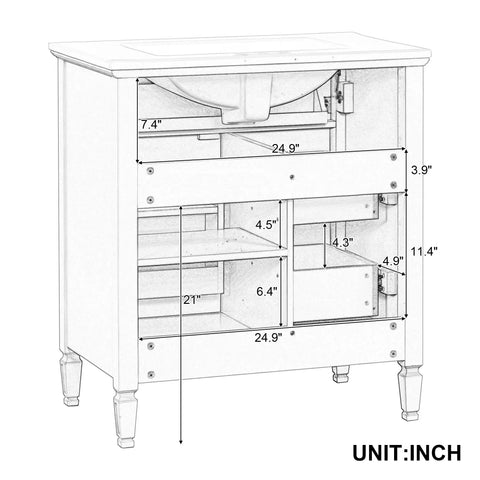 Dimensions of 30 Inch Bathroom Vanity With Drop In Ceramic Sink And Soft Close Cabinet Door showing drawer and shelf storage.
