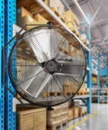 24 Inch Industrial Wall Mount Fan With 3 Speed Beastly High Velocity Air Delivery Up To 7600 CFM installed in warehouse