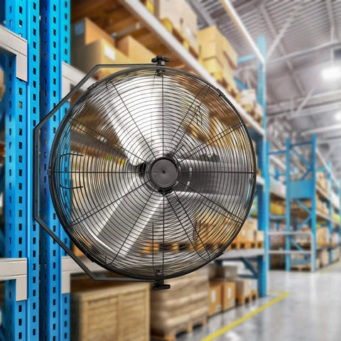 24 Inch Industrial Wall Mount Fan With 3 Speed Beastly High Velocity Air Delivery Up To 7600 CFM installed in warehouse