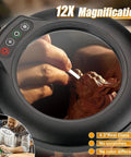 12X Real Glass Magnifying Glass With Light And Stand showing detailed carving work, 4.3-inch lens, real glass, pro-grade clarity.