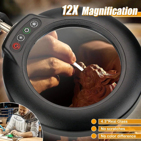 12X Real Glass Magnifying Glass With Light And Stand showing detailed carving work, 4.3-inch lens, real glass, pro-grade clarity.