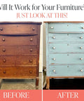 Before and after image of a dresser using All In One Chalk Paint For Furniture And Cabinets With Built In Primer And Top Coat Matte Finish.