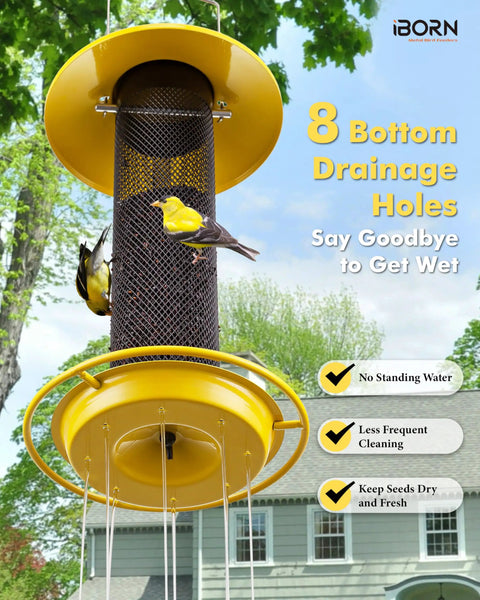 Outdoor Finch Feeder For Nyjer Seed Tube With Metal Mesh 13 Inch Length Weatherproof Roof And Tray 2 Lb Capacity Hanging Bird Feeder For Backyards Yellow