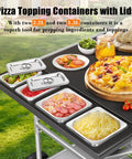Pizza Oven Table With Topping Station For Outdoor Grills And Griddle Cart Prep Table with containers and toppings