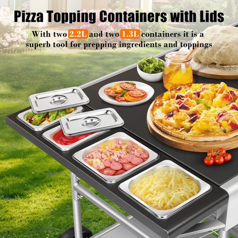 Pizza Oven Table With Topping Station For Outdoor Grills And Griddle Cart Prep Table with containers and toppings