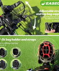 Adjustable straps and top bag support on Three Wheel Golf Push Cart Quick Fold Large Platform for versatile use.