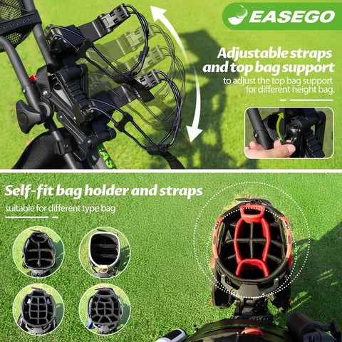 Adjustable straps and top bag support on Three Wheel Golf Push Cart Quick Fold Large Platform for versatile use.