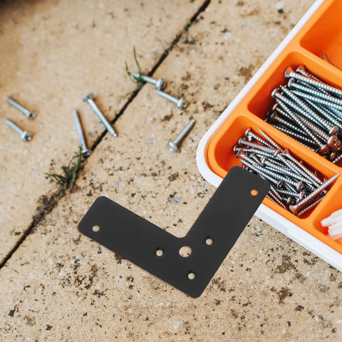 Built Tough L Shaped Corner Braces For Furniture Repair Stainless Steel Black 10 Pack Flat Corner Plates next to screws