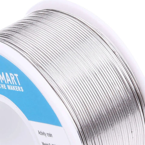 Close-up of Leaded Solder Wire 0.6mm Sn63Pb37 with flux rosin core for electronics soldering, 100g roll, low melting point, easy flow.