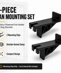 2-piece fan mounting set for dog kennels, black plastic clips for battery-operated fan, tool-free setup.