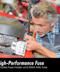 Mechanic installing Inline ANL Fuse Holder For 0 2 4 Gauge Wiring With 250 Amp Fuse Car Audio Upgrade No Wire Terminals Needed