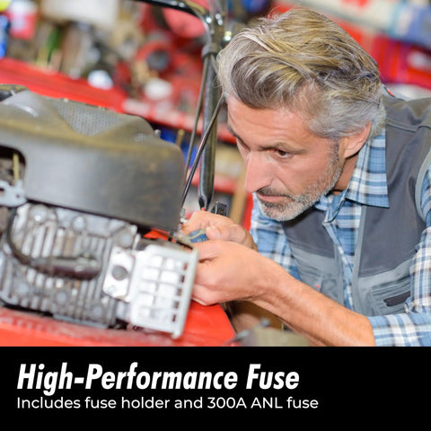 Mechanic installing Inline ANL Fuse Holder For 0 2 4 Gauge Wiring With 250 Amp Fuse Car Audio Upgrade No Wire Terminals Needed