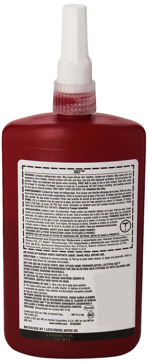 Back view of Red 262 High Strength Thread Locker For Metal Fasteners Locks Bolts And Screws Up To 300 Degrees F 250ml bottle