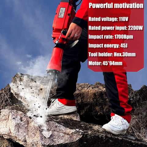 Worker using Beast 2200W Electric Demolition Jack Hammer for Concrete and Asphalt Breaker on rock surface with specs overlay