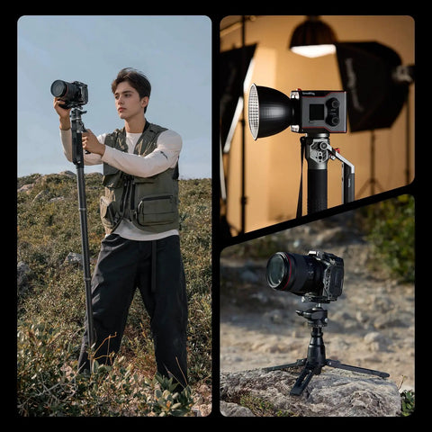 Carbon Fiber Camera Monopod With One Touch Height Adjustment And 5kg Payload Ball Head used outdoors on uneven terrain.
