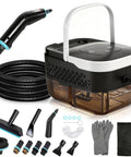 Handheld One Point Two Five Liter Steam Cleaner With Killer Steam Power And Fast High Output For Chemical Free Auto Wash and Kitchen Or Garage Grease Removal In Smooth White Design with cleaning accessories.
