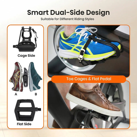 Toe Cage Bike Pedals For Regular Or Clipless Shoes, 9 16 Inch Spindle, Heavy Duty Pedals For Mountain And Road Bikes