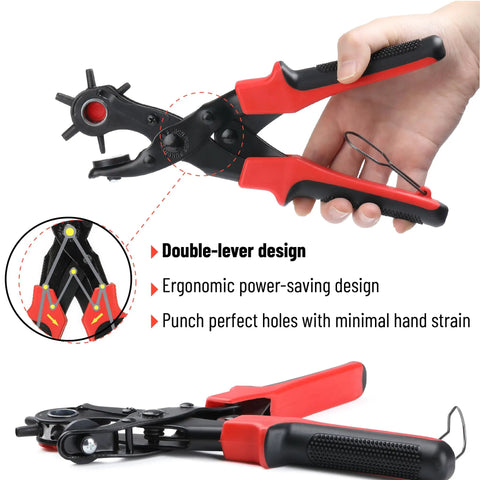 Leather Hole Punch Tool Kit With 240 Rivets Red Handled Rotary Belt Punch For Leatherwork