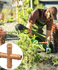 Gardener installing 12 Pack 1/2 Inch Drip Irrigation Cross Connectors Four Way Tee Barbed Hose Fittings for 1/2 Inch Tubing, easy install.