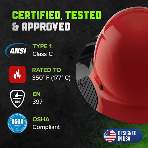 Certification info with red Fiber Reinforced Resin Full Brim Hard Hat With 6 Point Suspension For All Day Comfort On The Worksite And Impact Protection Moisture Wicking EVA Foam Inserts Lightweight Durable Construction Red And Black Gloss Finish