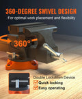 6.5 Inch Jaw Vise With 360 Degree Swivel Locking Base on workbench, heavy duty ductile iron construction, labeled 360° swivel design