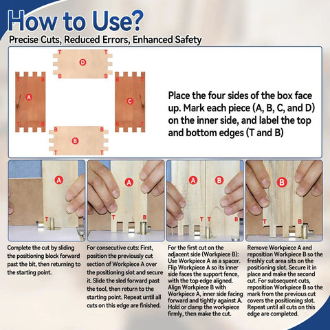 How to use the Rock Solid Box Joint Jig For Router Table Featuring Finger Joint Indexing Keys, showing steps and labels for accurate cuts.