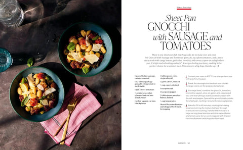 Open cookbook showing 'Sheet Pan Gnocchi with Sausage and Tomatoes' recipe from Over 100 Family Favorite Recipes You Can Make At Home For Busy Nights And Cozy Weekends From Angela Kinsey And Joshua Snyder A No Fuss Weeknight Friendly Cookbook For Real Life Cooking.