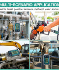 Dope Fuel Flow Meter With One Inch Inlet And Three Quarter Inch Adapters, Real Time LCD Readout, Accurate To One Percent, Cumulative Flow Counter, Instant Readouts, Easy Inline Installation For Gas Systems, shown on inline fuel pipes