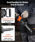 One Inch Pneumatic Impact Wrench Dishing Out 1800 Ft Lbs Of Raw Breakaway Torque With Six Inch Extended Anvil and ergonomic handles for control.